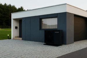 Unidad exterior de aerotermia Samsung EHS negra instalada en fachada moderna de vivienda unifamiliar en Málaga, sistema de climatización eficiente por bomba de calor.