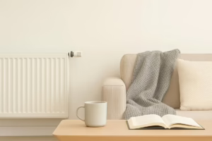 Salón con radiador encendido, calefacción eficiente en Málaga